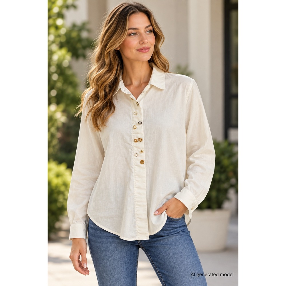 Vintage Cindy Collins Cream Button Down Shirt Novelty Mismatched Buttons L